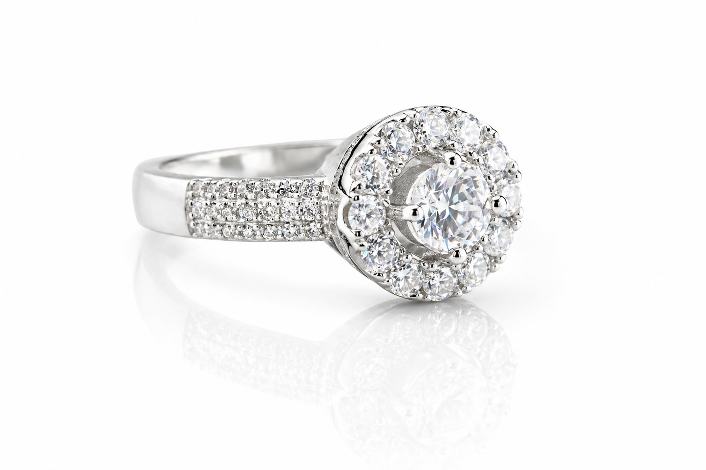 Round Moissanite Halo Ring 1.74CT Pave Band | GRA Certified Women featuring a sparkling round center stone surrounded by a halo of smaller stones with a pave band design.