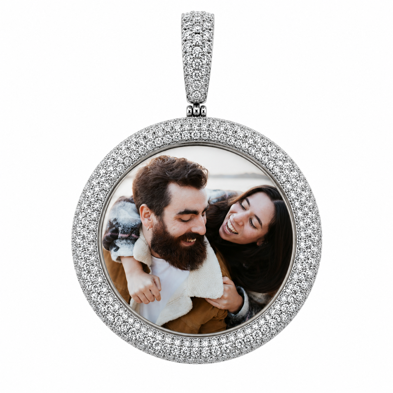 Iced Out Moissanite Picture Pendant | 12ct VVS D Color | 65MM 925 Silver | Custom Photo | Passes Diamond Tester | GRA Certified