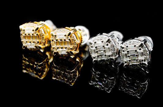 Moissanite Diamond VVS D Color Double Baguette Round Shape Halo Moissanite Earrings in 14K Gold Plated /Real Silver 925 8.5MM | PASS DIAMOND TESTER