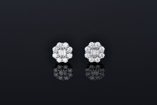 Double Baguette Flower Shape Halo Moissanite Earrings 14K Gold Plated/ Real Silver 925 - 8MM | PASS DIAMOND TESTER!!