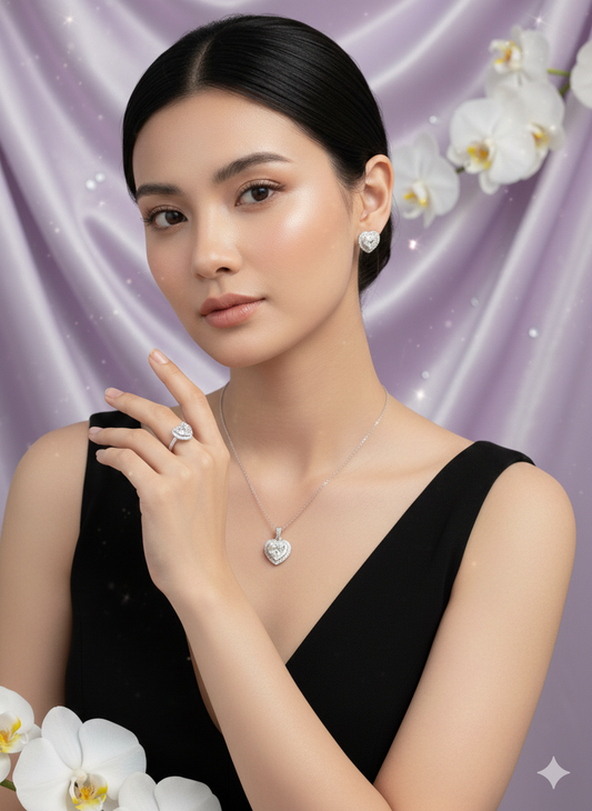 Woman wearing moissanite 3-piece elegant jewelry set VVS D color ring earrings necklace – Paradise Gems