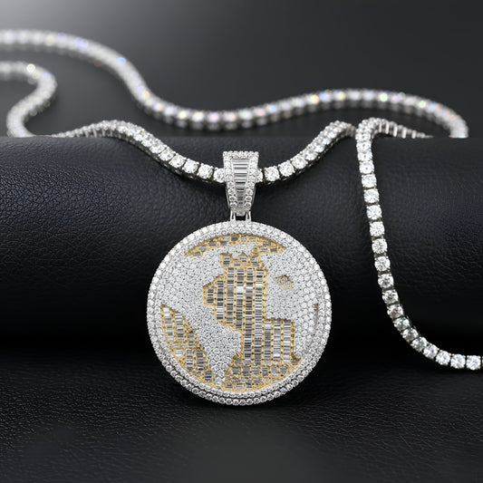 HIP HOP | ICED OUT World Charm with Baguette Stone | 3D Style | Moissanite VVS D Color | 14KT Gold Plated | 925 Silver | PASS DIAMOND TESTER!!!