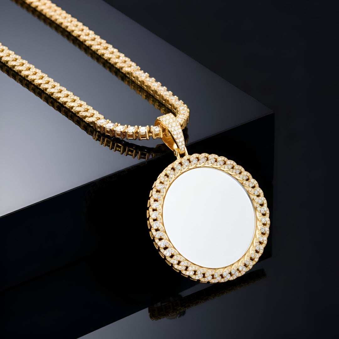 Custom Picture Pendant with Cuban Border style Moissanite Diamond VVS D Color | 14KT Gold Plated |925 Silver | PASS DIAMOND TESTER!!!