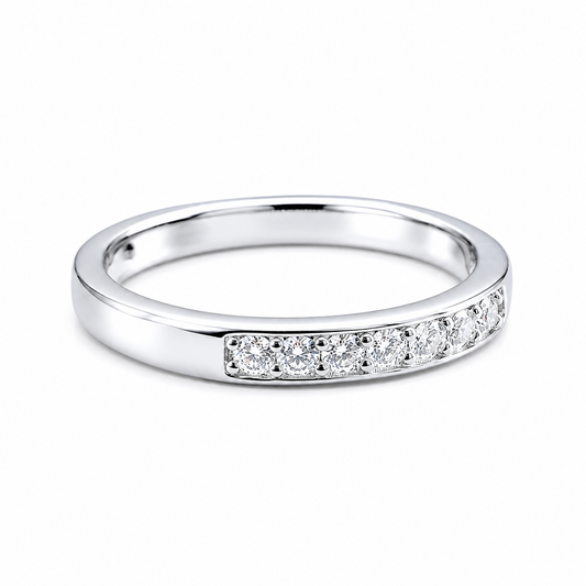 Round Moissanite Diamond Full Eternity Stackable Ring 1 Carat featuring a sleek silver band with a row of sparkling round moissanite diamonds, perfect for stacking or wearing alone.