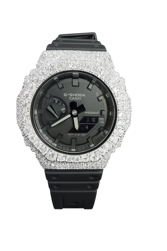 Iced Out White G-Shock Moissanite Watch | 925 Silver or Brass Bezel