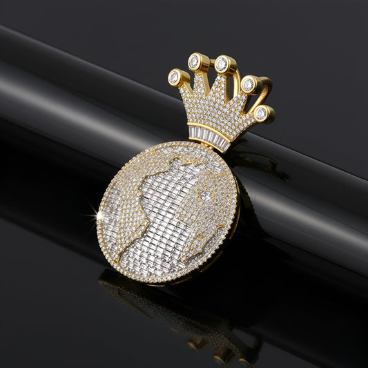 Globe World with Crown Bale Ice Out Moissanite Diamond VVS D Color |925 silver | PASS DIAMOND TESTER!!!