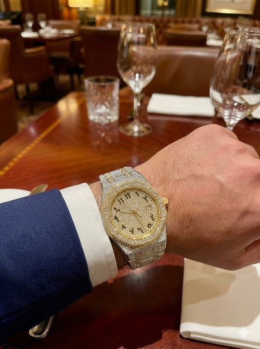 Man wearing 44MM two tone gold silver bust down moissanite watch VVS – Paradise Gems Atlanta