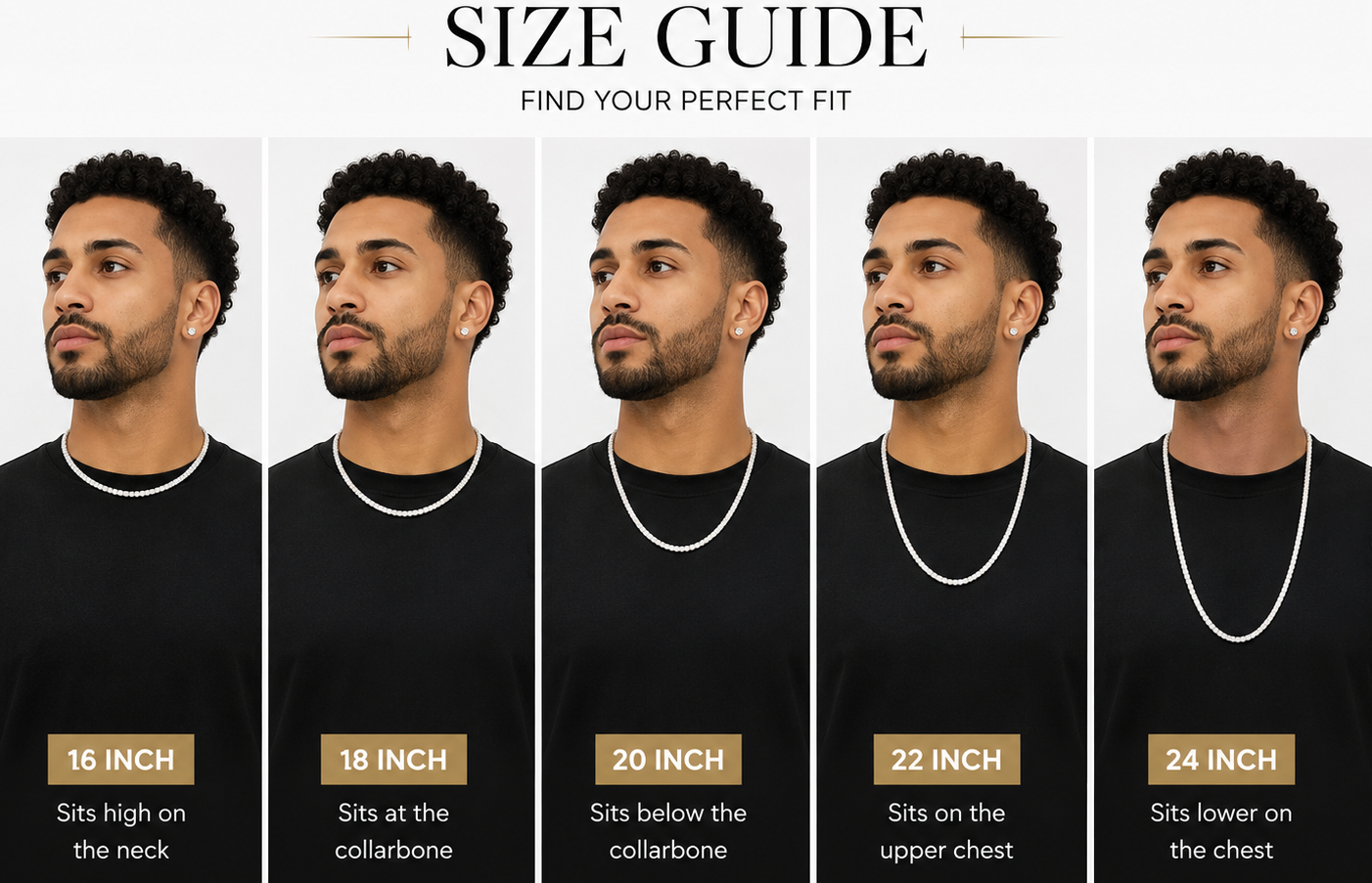 Tennis chain size guide showing 16, 18, 20, 22, and 24 inch chain lengths on a model - Paradise Gems Atlanta