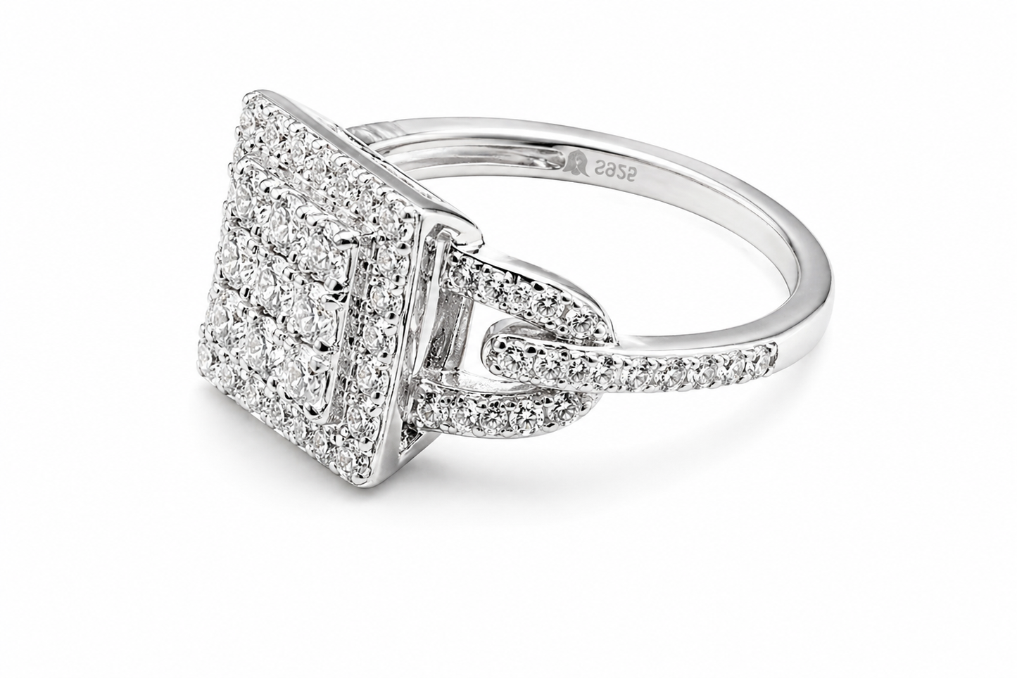 Moissanite Square Cluster Halo Ring 1.1CT | GRA Certified featuring a square cluster of sparkling stones set in a silver band with delicate pavé detailing, elegant and timeless design.