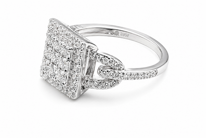 Moissanite Square Cluster Halo Ring 1.1CT | GRA Certified featuring a square cluster of sparkling stones set in a silver band with delicate pavé detailing, elegant and timeless design.