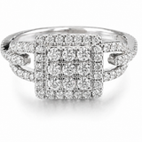 Close-up of a sparkling Moissanite Square Cluster Halo Ring 1.1CT | GRA Certified with a square cluster of stones and a split shank band encrusted with small gems.