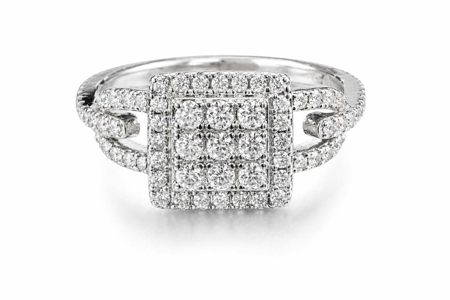 Close-up of a sparkling Moissanite Square Cluster Halo Ring 1.1CT | GRA Certified with a square cluster of stones and a split shank band encrusted with small gems.