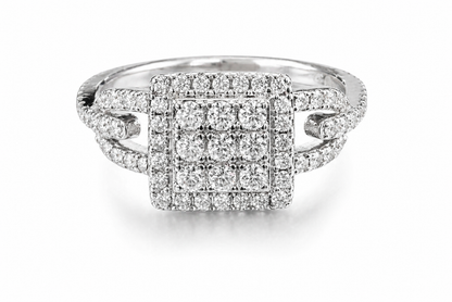 Close-up of a sparkling Moissanite Square Cluster Halo Ring 1.1CT | GRA Certified with a square cluster of stones and a split shank band encrusted with small gems.