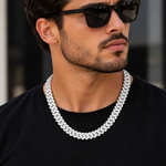 12mm moissanite Cuban link chain in 925 sterling silver worn on neck, VVS D color GRA certified