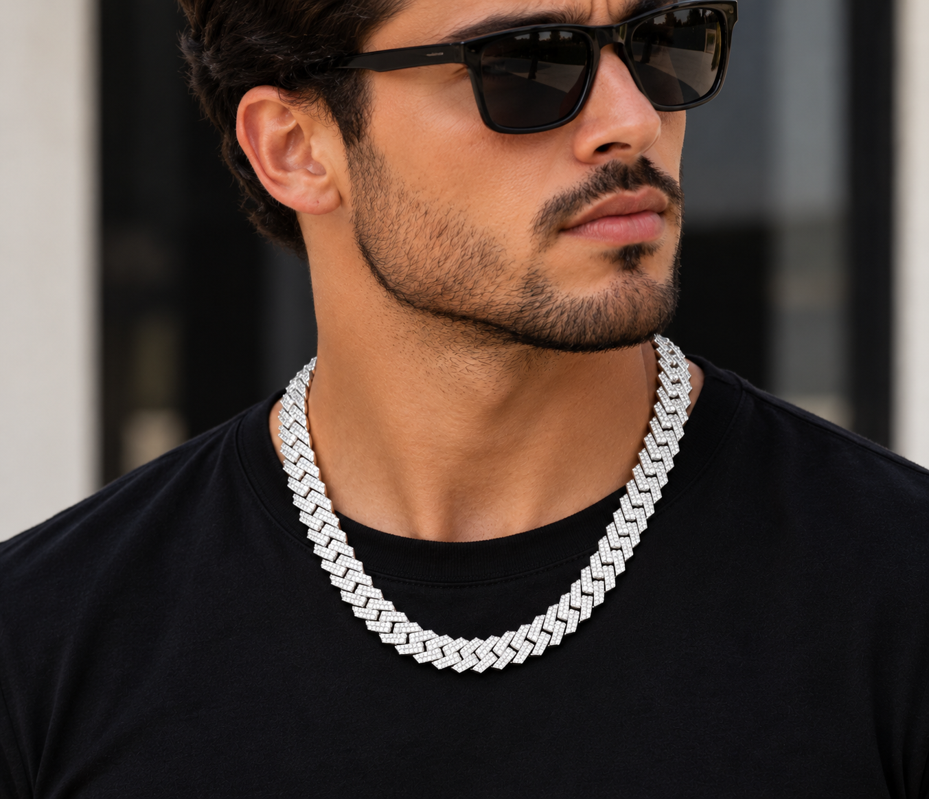 12mm moissanite Cuban link chain in 925 sterling silver worn on neck, VVS D color GRA certified
