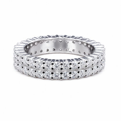 Moissanite Diamond Full Eternity Band Ring – 1.80ct Double Row showcasing sparkling round-cut moissanite stones set in two continuous rows on a sleek silver band.