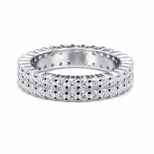 Moissanite Diamond Full Eternity Band Ring – 1.80ct Double Row showcasing sparkling round-cut moissanite stones set in two continuous rows on a sleek silver band.