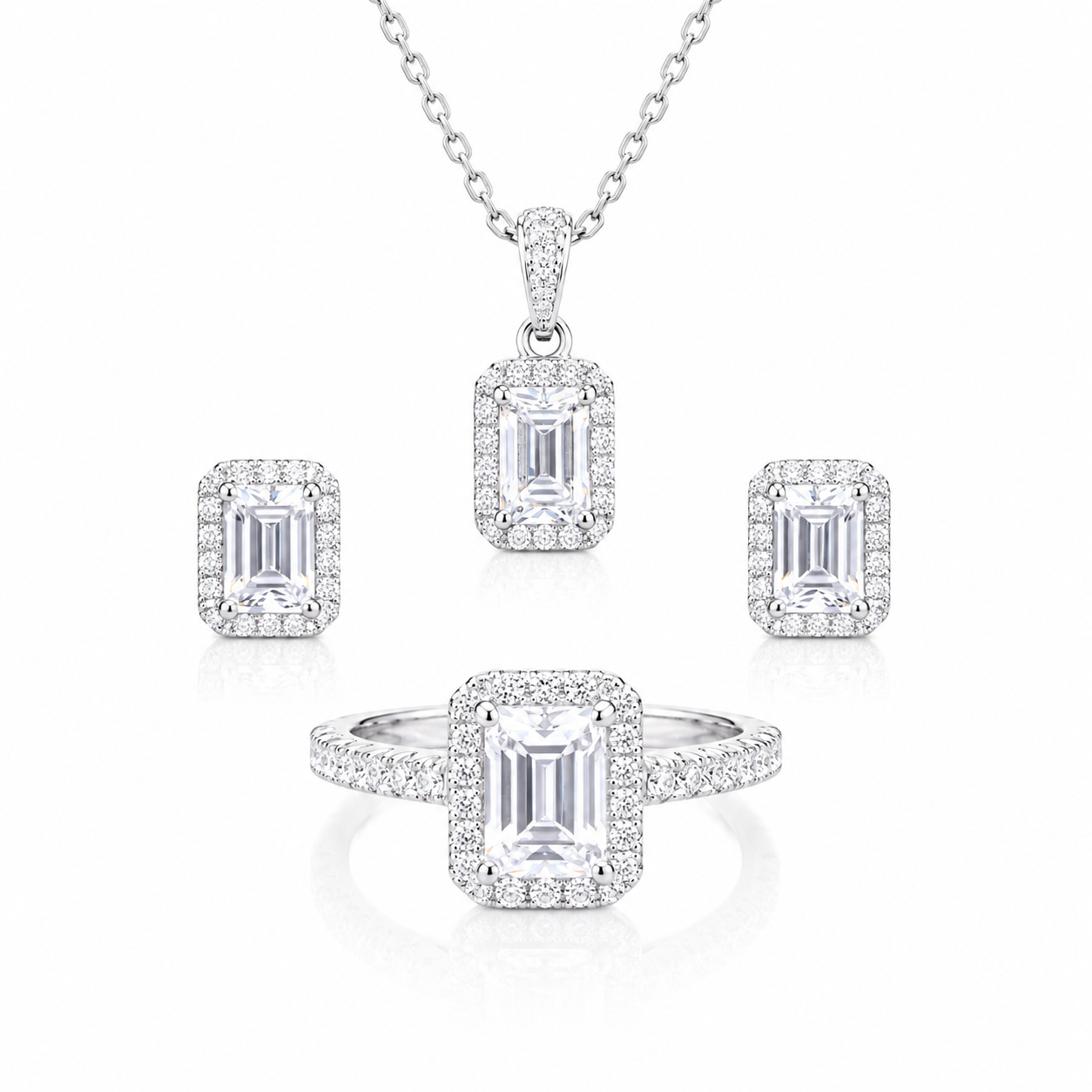 Emerald cut halo moissanite 3-piece women jewelry set 4CT VVS D color GRA certified 925 silver Atlanta