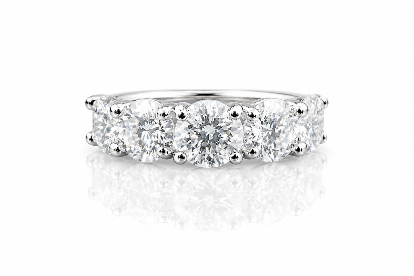 Moissanite 5-Stone Anniversary Ring 3.6CT | GRA Certified featuring five sparkling round stones set in a polished metal band, perfect for women seeking elegant rings.