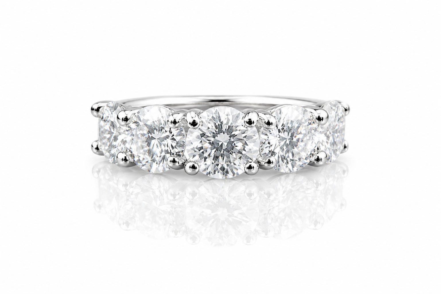 Moissanite 5-Stone Anniversary Ring 3.6CT | GRA Certified featuring five sparkling round stones set in a polished metal band, perfect for women seeking elegant rings.