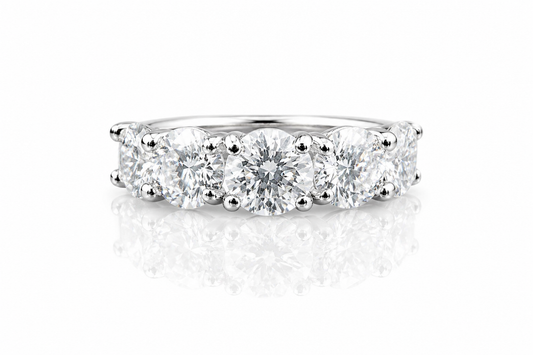 Moissanite 5-Stone Anniversary Ring 3.6CT | GRA Certified featuring five sparkling round stones set in a polished metal band, perfect for women seeking elegant rings.