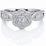Moissanite Flower Halo Engagement Ring 2.6CT | GRA Certified featuring a flower-shaped halo design with sparkling round moissanite stones set in polished white metal, ideal for women seeking elegant rings.