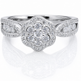 Moissanite Flower Halo Engagement Ring 2.6CT | GRA Certified featuring a flower-shaped halo design with sparkling round moissanite stones set in polished white metal, ideal for women seeking elegant rings.