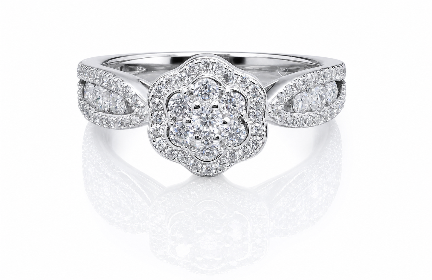 Moissanite Flower Halo Engagement Ring 2.6CT | GRA Certified featuring a flower-shaped halo design with sparkling round moissanite stones set in polished white metal, ideal for women seeking elegant rings.