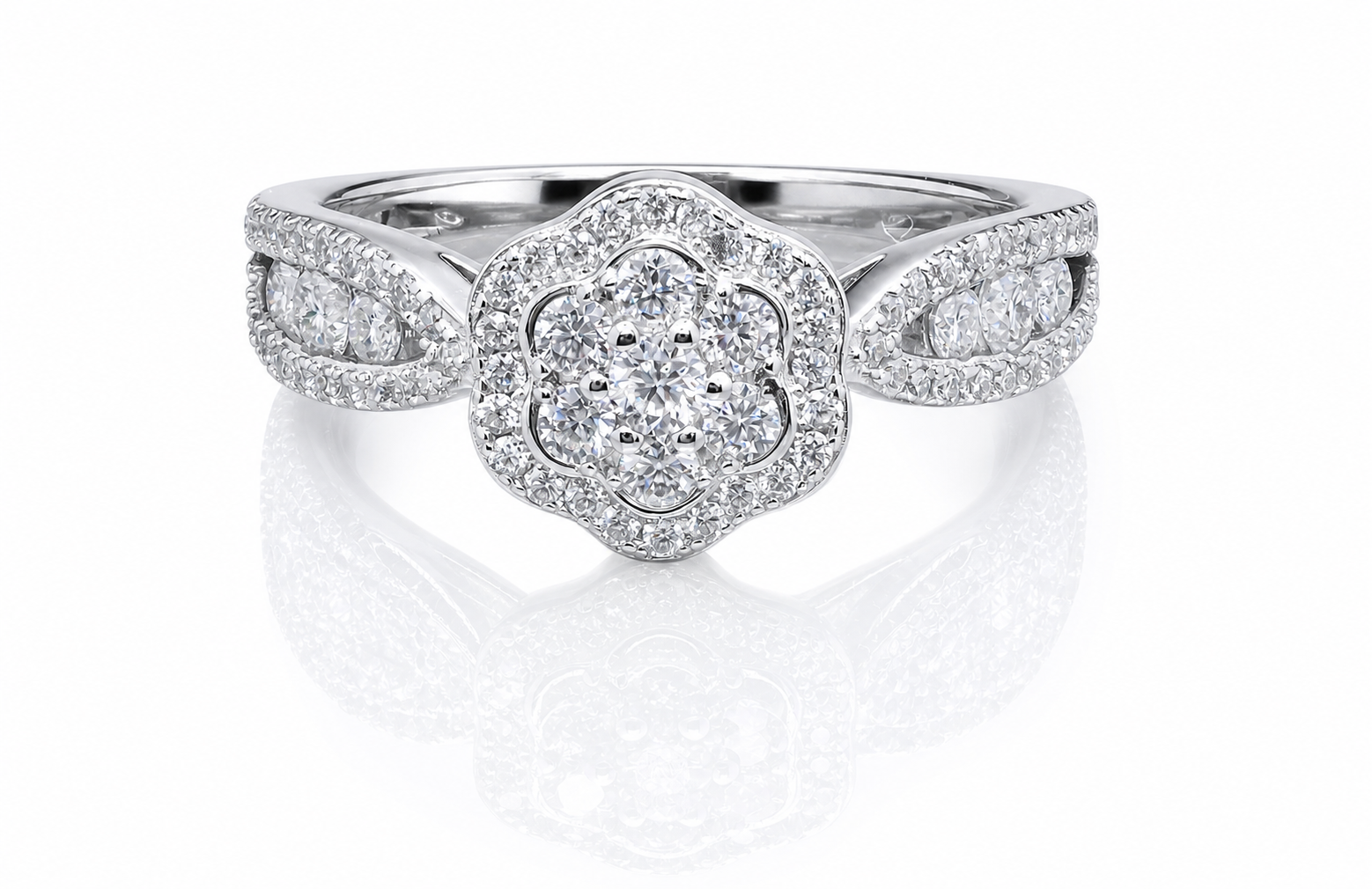 Moissanite Flower Halo Engagement Ring 2.6CT | GRA Certified featuring a flower-shaped halo design with sparkling round moissanite stones set in polished white metal, ideal for women seeking elegant rings.