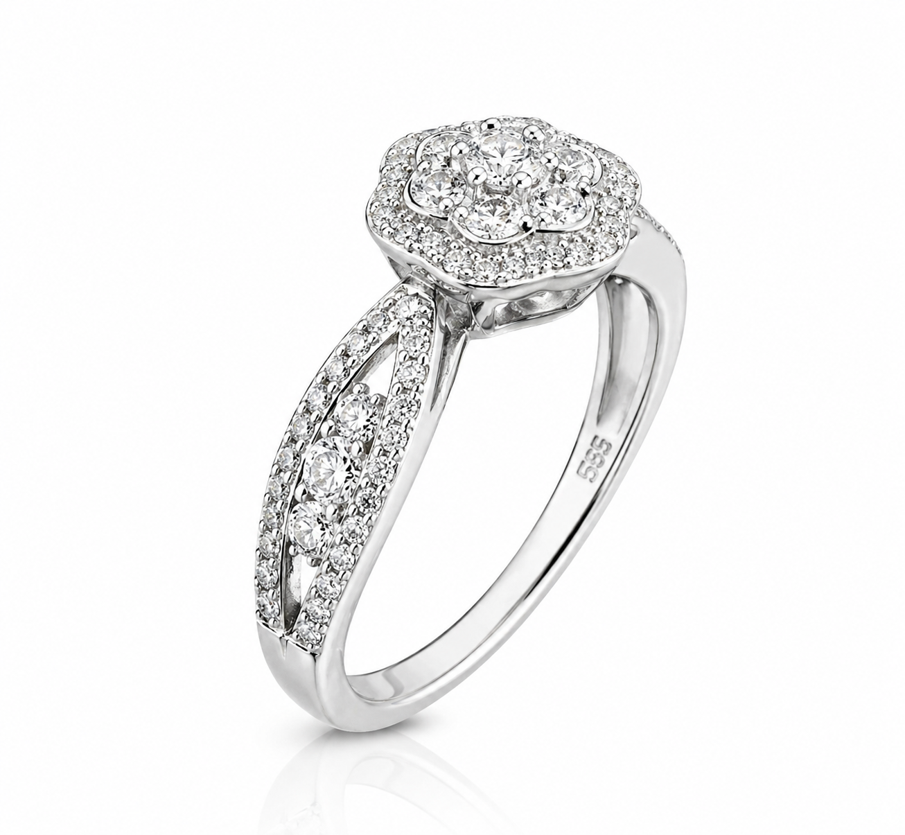 Moissanite Flower Halo Engagement Ring 2.6CT | GRA Certified featuring a floral halo design with sparkling moissanite stones set in a polished band, ideal for elegant women’s jewellery.