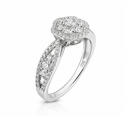 Moissanite Flower Halo Engagement Ring 2.6CT | GRA Certified featuring a floral halo design with sparkling moissanite stones set in a polished band, ideal for elegant women’s jewellery.