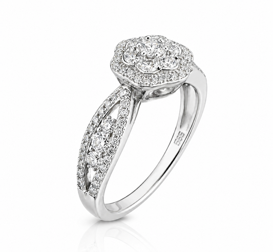 Moissanite Flower Halo Engagement Ring 2.6CT | GRA Certified featuring a floral halo design with sparkling moissanite stones set in a polished band, ideal for elegant women’s jewellery.