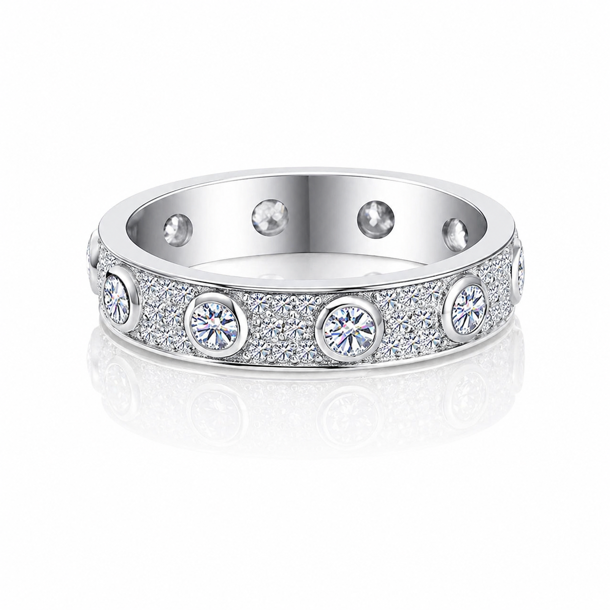 Round moissanite eternity unisex wedding band VVS D color GRA certified 925 silver Atlanta Paradise Gems