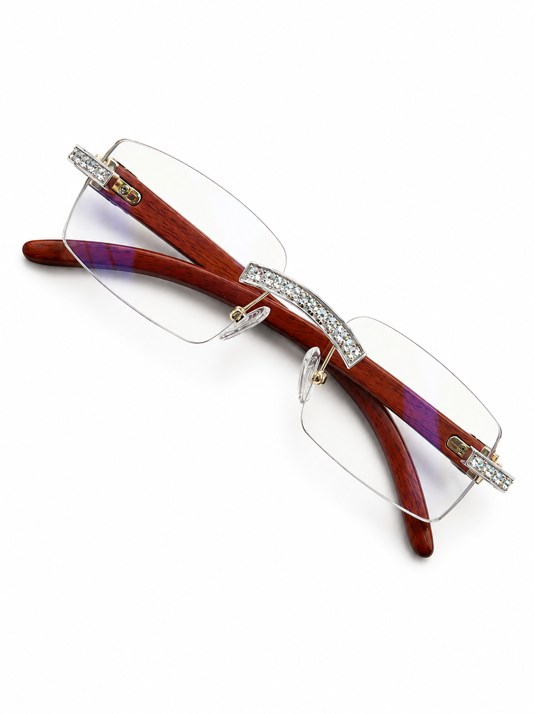 Iced Out Moissanite Glasses with Wood Temple Arms | 2.5ct VVS D Color | 925 Sterling Silver | Hip Hop Eyewear | Passes Diamond Tester