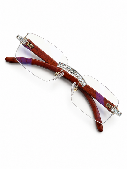 Iced Out Moissanite Glasses with Wood Temple Arms | 2.5ct VVS D Color | 925 Sterling Silver | Hip Hop Eyewear | Passes Diamond Tester