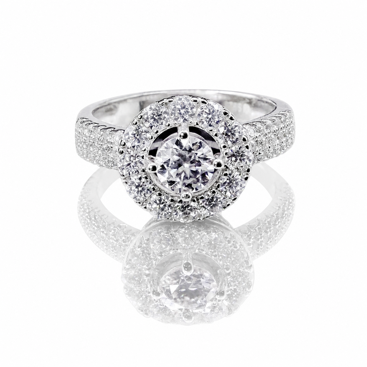 Round Moissanite Halo Ring 1.74CT Pave Band | GRA Certified Women with sparkling center stone and pavé-set diamonds on band, elegant and luxurious jewelry piece.