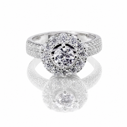Round Moissanite Halo Ring 1.74CT Pave Band | GRA Certified Women with sparkling center stone and pavé-set diamonds on band, elegant and luxurious jewelry piece.