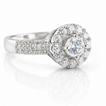 Round Moissanite Halo Ring 1.74CT Pave Band | GRA Certified Women featuring a sparkling round center stone surrounded by a halo of smaller stones with a pave band design.