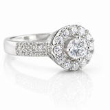 Round Moissanite Halo Ring 1.74CT Pave Band | GRA Certified Women featuring a sparkling round center stone surrounded by a halo of smaller stones with a pave band design.