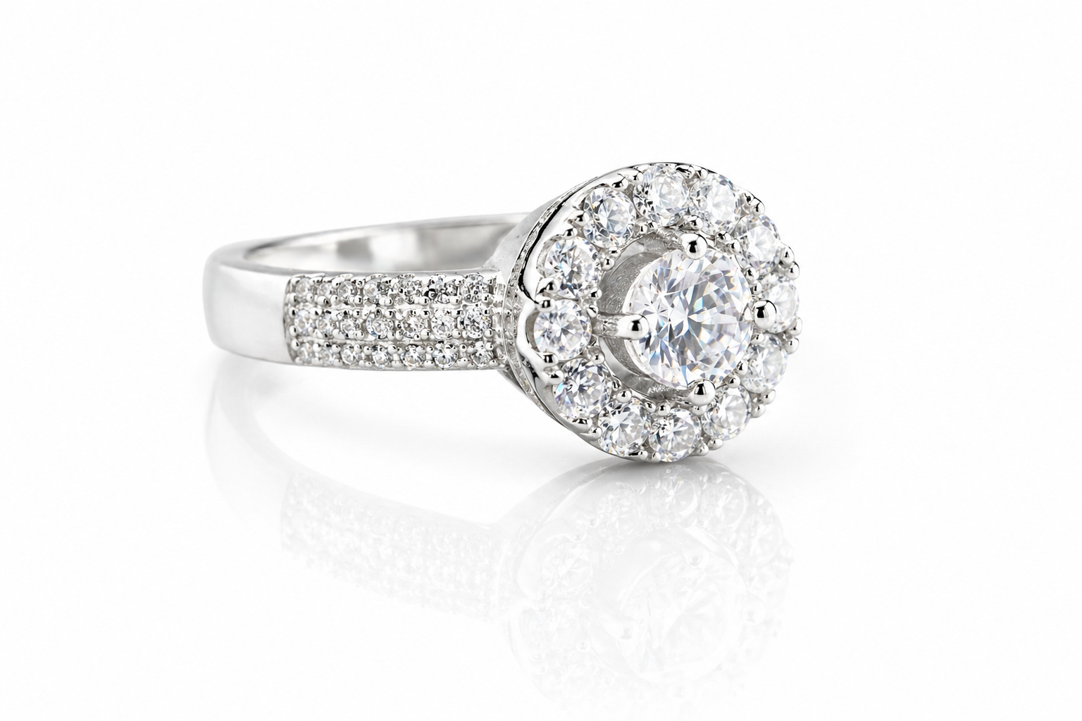 Round Moissanite Halo Ring 1.74CT Pave Band | GRA Certified Women featuring a sparkling round center stone surrounded by a halo of smaller stones with a pave band design.