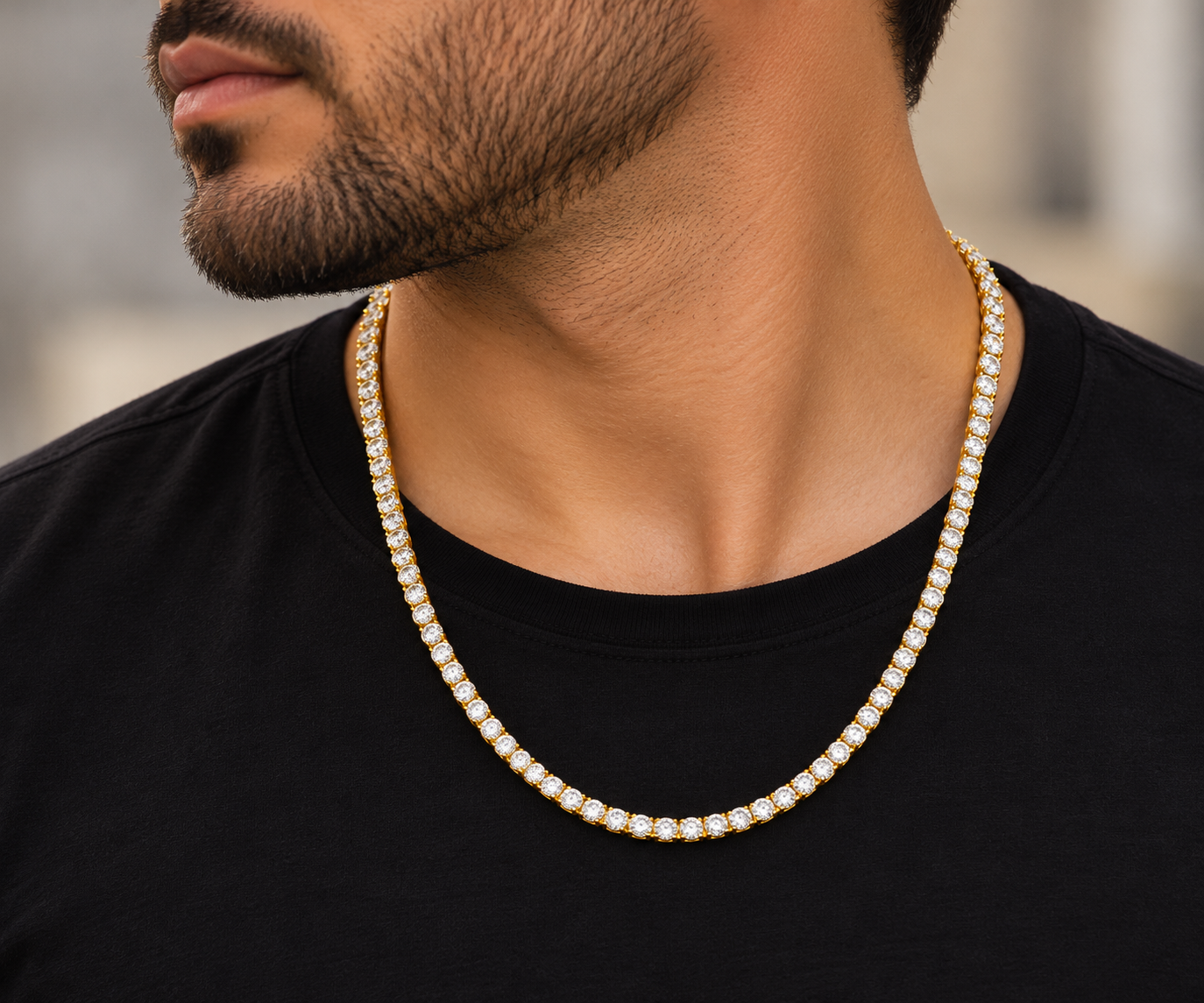 4mm moissanite tennis chain in 14K gold plated 925 silver worn on neck, VVS D color