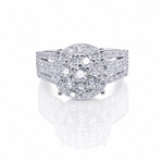Round Moissanite Cluster Engagement Ring 1.5CT | GRA Certified featuring a sparkling cluster of moissanite stones with a detailed band designed for a brilliant and elegant look.