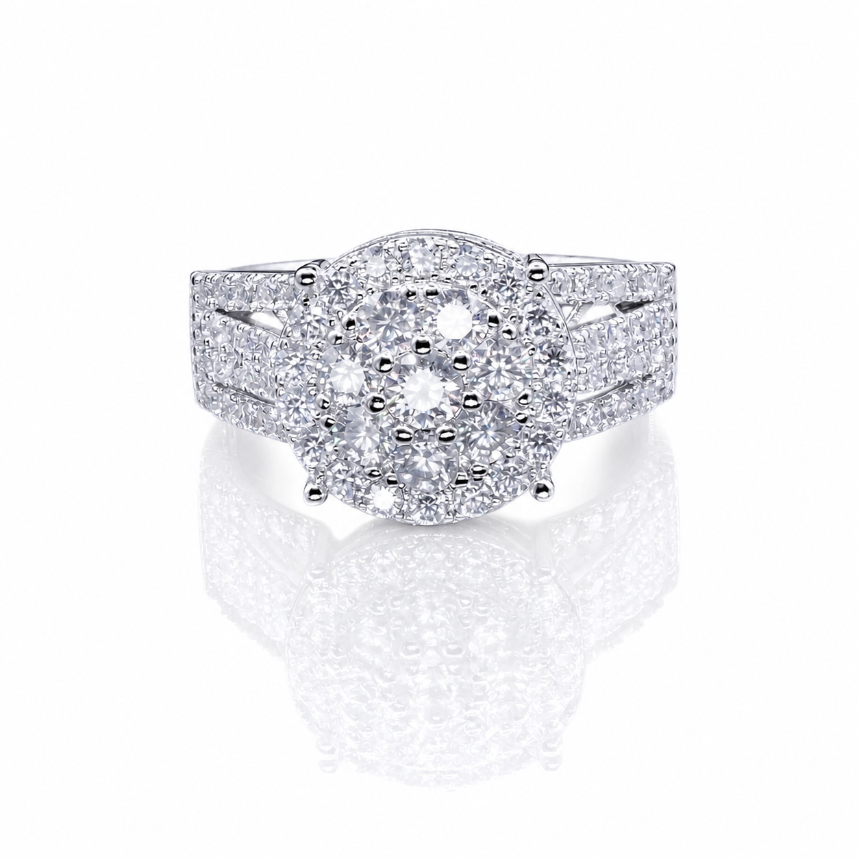 Round Moissanite Cluster Engagement Ring 1.5CT | GRA Certified featuring a sparkling cluster of moissanite stones with a detailed band designed for a brilliant and elegant look.