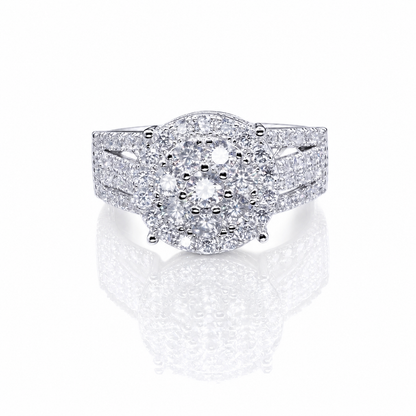 Round Moissanite Cluster Engagement Ring 1.5CT | GRA Certified featuring a sparkling cluster of moissanite stones with a detailed band designed for a brilliant and elegant look.
