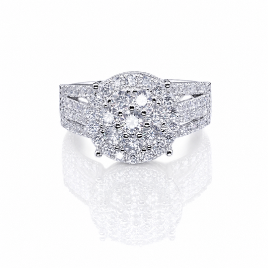 Round Moissanite Cluster Engagement Ring 1.5CT | GRA Certified featuring a sparkling cluster of moissanite stones with a detailed band designed for a brilliant and elegant look.