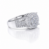 Round Moissanite Cluster Engagement Ring 1.5CT | GRA Certified featuring a sparkling cluster design with multiple stones set in a polished silver band, perfect for engagement.