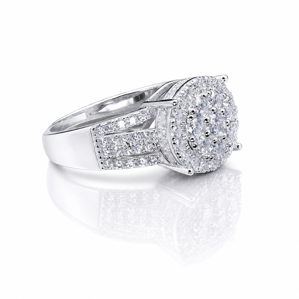 Round Moissanite Cluster Engagement Ring 1.5CT | GRA Certified featuring a sparkling cluster design with multiple stones set in a polished silver band, perfect for engagement.
