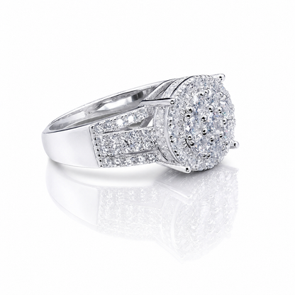 Round Moissanite Cluster Engagement Ring 1.5CT | GRA Certified featuring a sparkling cluster design with multiple stones set in a polished silver band, perfect for engagement.
