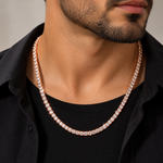 4mm moissanite tennis chain in rose gold plated 925 silver worn on neck, VVS D color