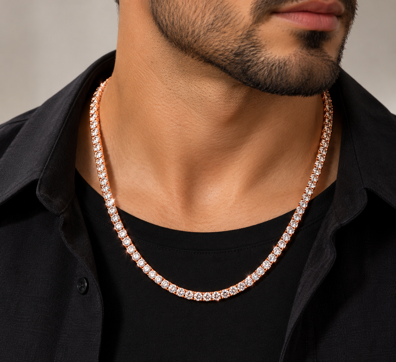 4mm moissanite tennis chain in rose gold plated 925 silver worn on neck, VVS D color